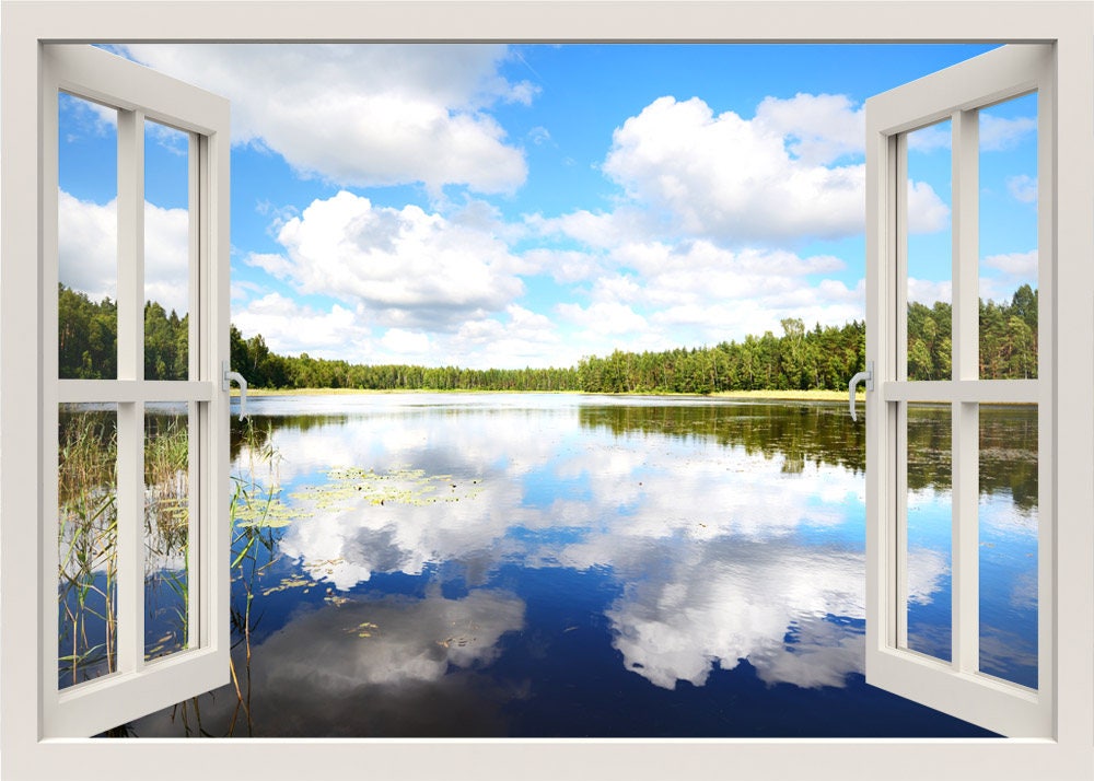 Lake Wall Decal, Lake and Forest Wall Sticker, Clouds 3d Window Wall Decal, Nature Window Frame, Window View Wall Mural Home Decor Sticker