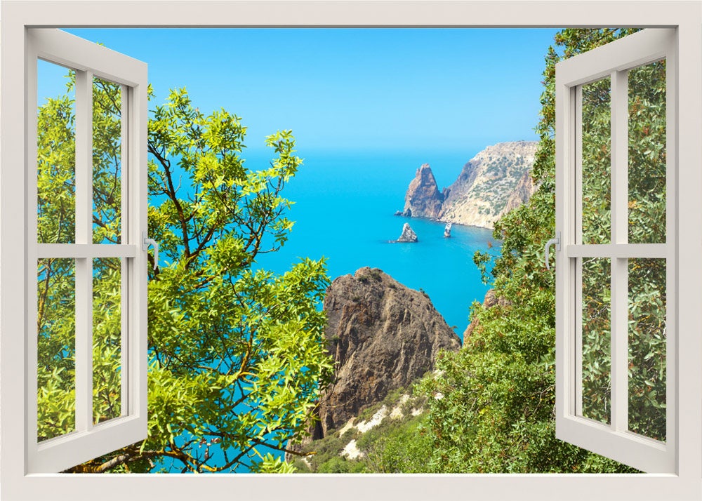 Wandtattoa mit Meerblick, 3D Wandtattoa mit Fensterblick, Wandtattoa mit tropischem Meer und Strand, Wandtattoa mit Naturmotiv, Schlafzimmer Wohndeko Wohnzimmer