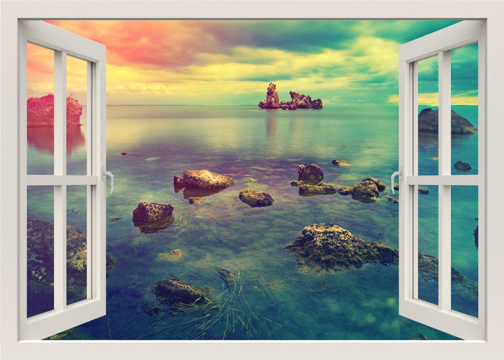 Rocks Wall Decal Mural, Sea View Wall Decal, 3d Window View Wall Decal, Nature Wall Sticker, Living Room Bedroom Home Decor Mural