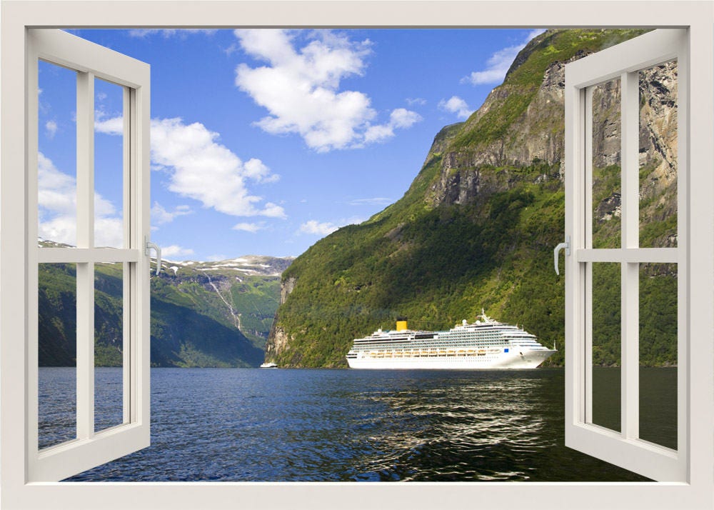 Cruise Wall Decal, Ship Traveling Wall Sticker, 3d Window View Nature Wall Decal, Mountains Cliff Wall Sticker Mural, Home Wall Decor