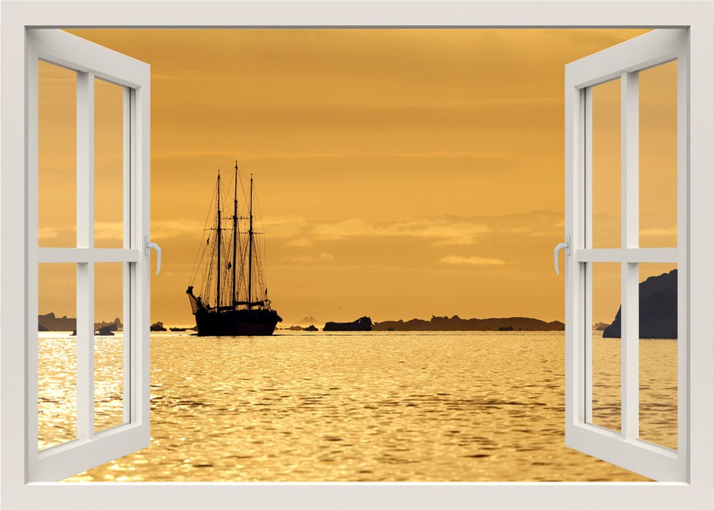 Ship Wall Decal, Sea Shore Wall Decal, Sea View Decal, 3d Window View Wall Decal, Nature Wall Sticker Mural, Living Room Home Decor
