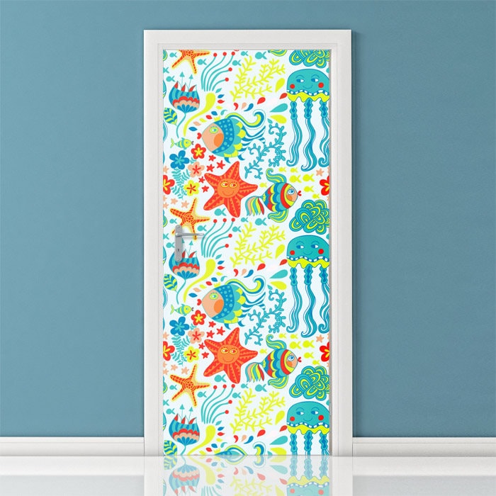 Fishes Wall Decal, Fishes Sticker, Underwater Wall Decal, Ocean Decal, Underwater Door Decor, Ocean Door Decor Mural, Door Cover Wrap