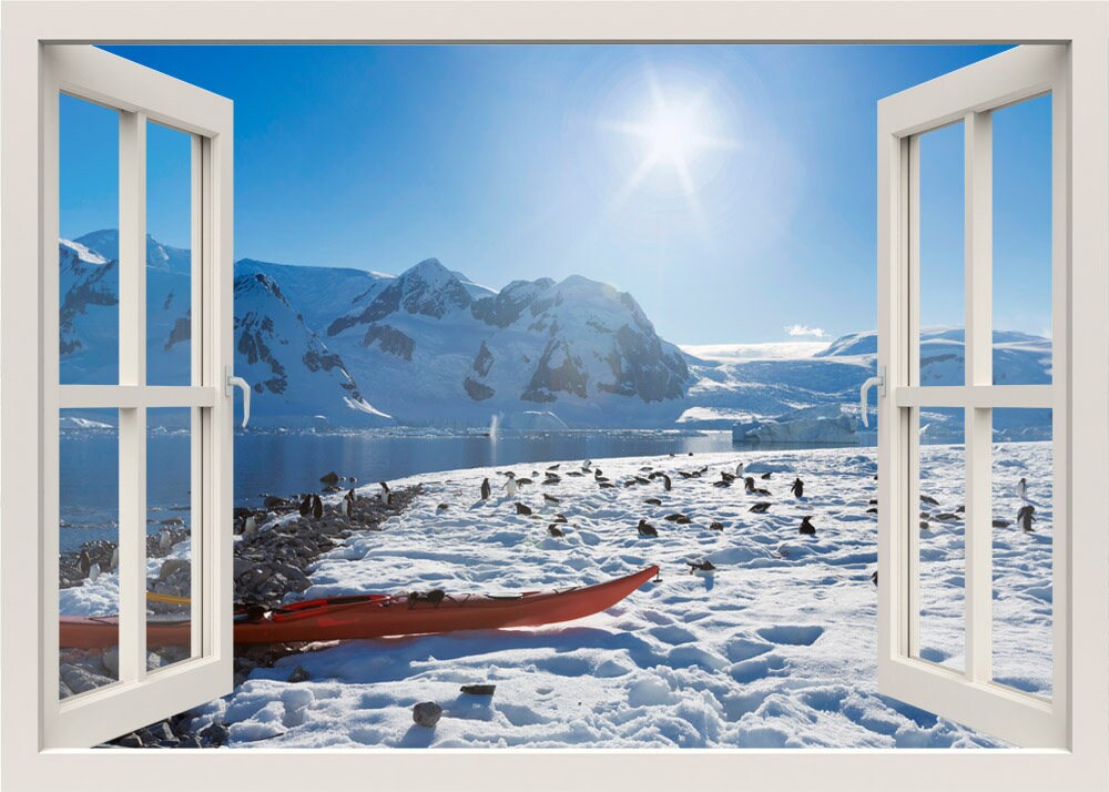 Penguins Wall Decal, Snow Wall Decal, Iceberg Wall Decal, Antarctica Mountains Wall Decal, 3d Window Wall Decal, Window View Wall Sticker
