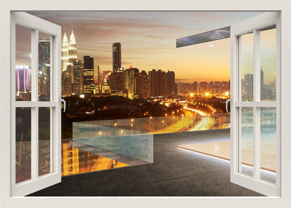 Modern City Wall Decal, Kuala Lumpur Night View Wall Decal, Modern City Mural, 3d Window Wall Decal, City View Wall Sticker Decor