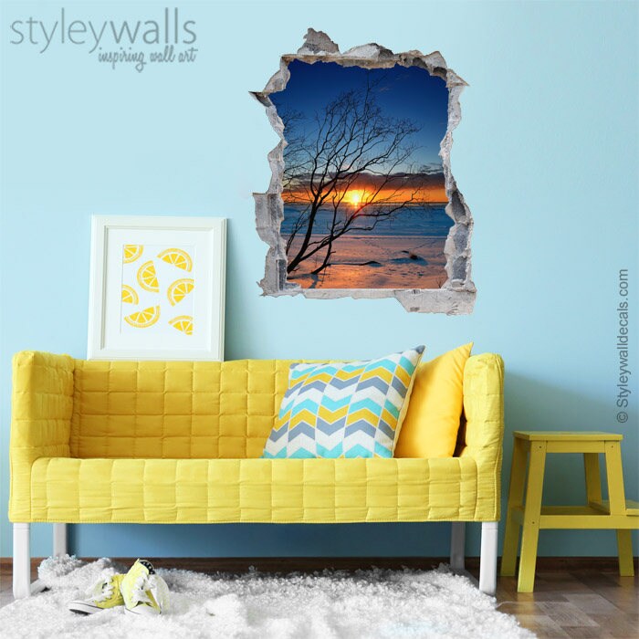 Wandtatto Sonnenuntergang, Wanddeko Sonnenuntergang, Loch in der Wand 3D Effekt Wandtatto, 3D Wandtatto, Kaputte Wand 3D Effekt Bürozimmer Deko