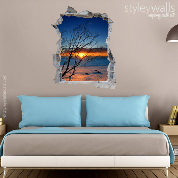 Wandtatto Sonnenuntergang, Wanddeko Sonnenuntergang, Loch in der Wand 3D Effekt Wandtatto, 3D Wandtatto, Kaputte Wand 3D Effekt Bürozimmer Deko