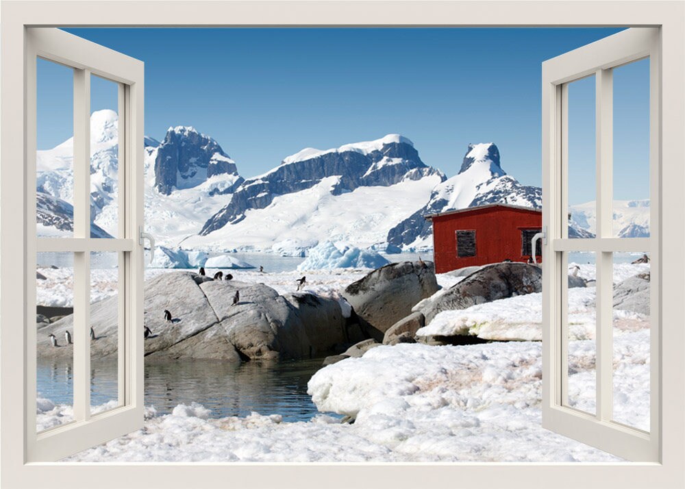 Antarctica Wall Decal, Iceberg Wall Decal, Penguins Wall Decal, Snow Mountains Wall Decal, 3d Window Wall Decal, Window View Wall Sticker