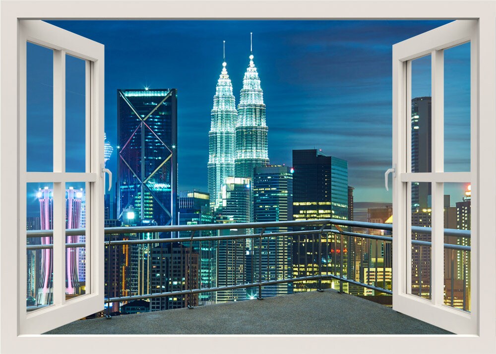 Modern City at Night Wall Decal, Kuala Lumpur Night View Wall Decal, 3d Window Wall Decal, City View Wall Sticker Decor