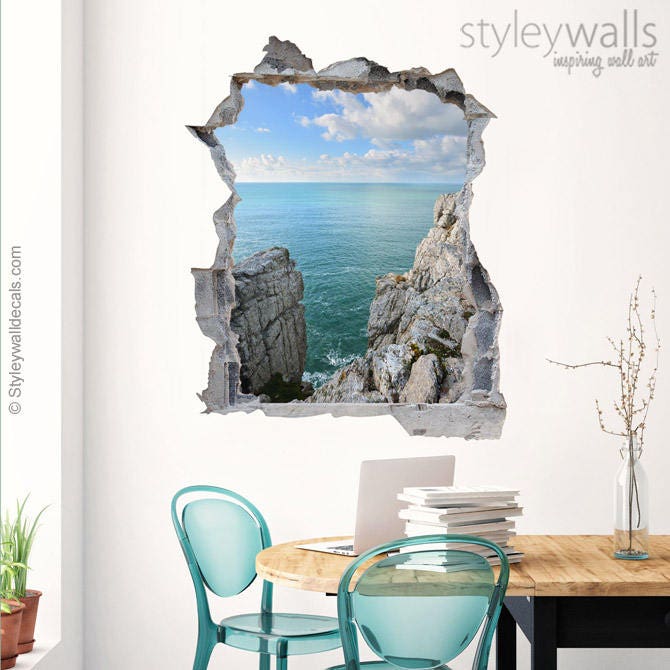 Rocks Wall Decal, Sea View Wall Decal, Hole in the Wall 3d Effect Wall Sticker, 3d Wall Decal, Broken Wall 3d Effect Mural Home Decor