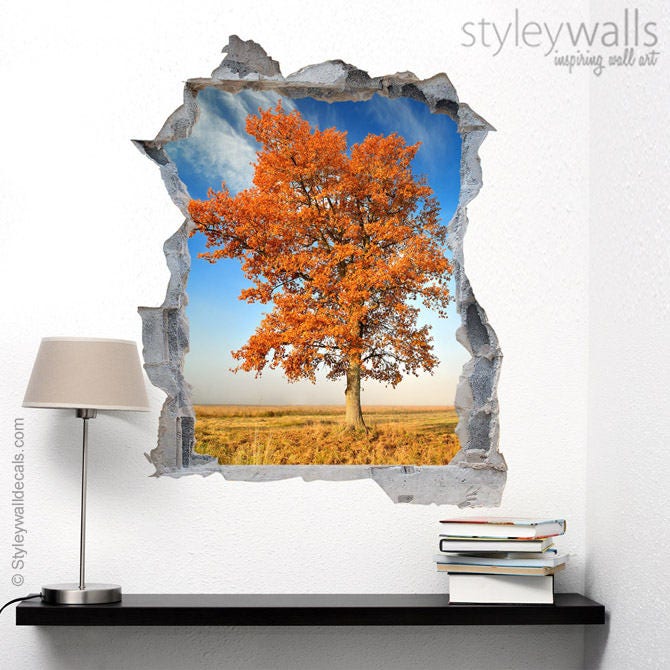 Wandtattoo Baum, Wandbild Natur Herbst, Loch in der Wand 3D Effekt Wandtattoo, 3D Wandtattoo, Kaputte Wand 3D Effekt Wandbild Home Decor