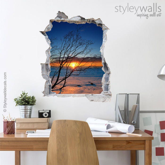 Wandtatto Sonnenuntergang, Wanddeko Sonnenuntergang, Loch in der Wand 3D Effekt Wandtatto, 3D Wandtatto, Kaputte Wand 3D Effekt Bürozimmer Deko