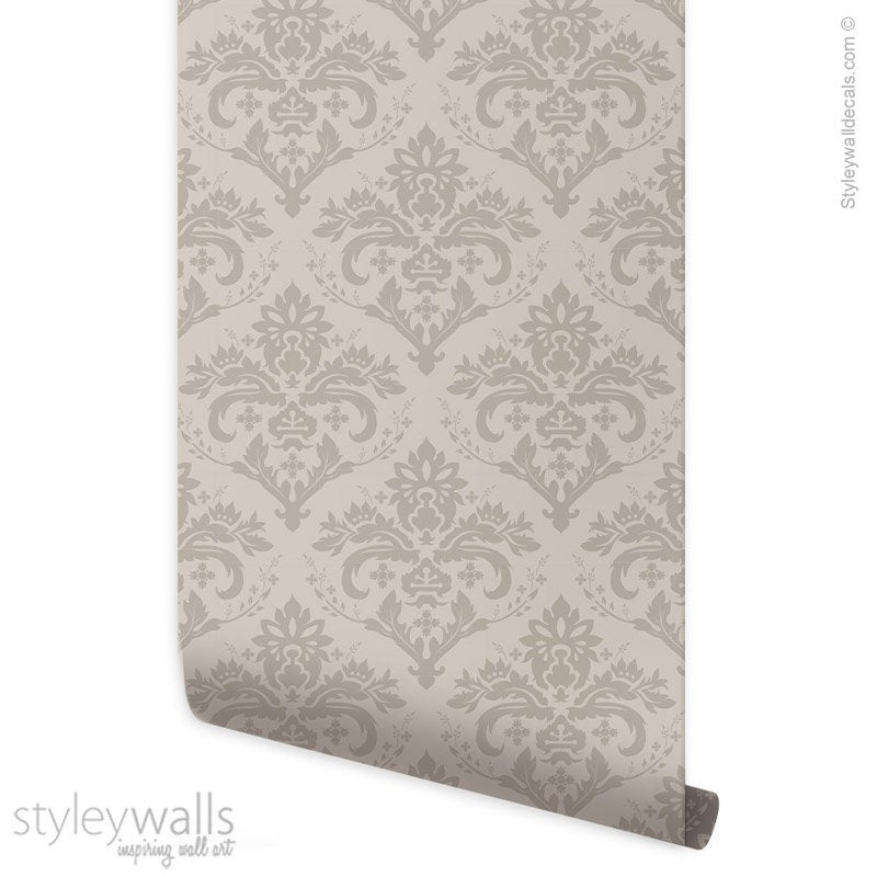 Damask Pattern Wallpaper, Gray Beige Brown Classic Damask Wallpaper, Home Decor, Repositionable Removable Fabric, Peel and Stick Wallpaper