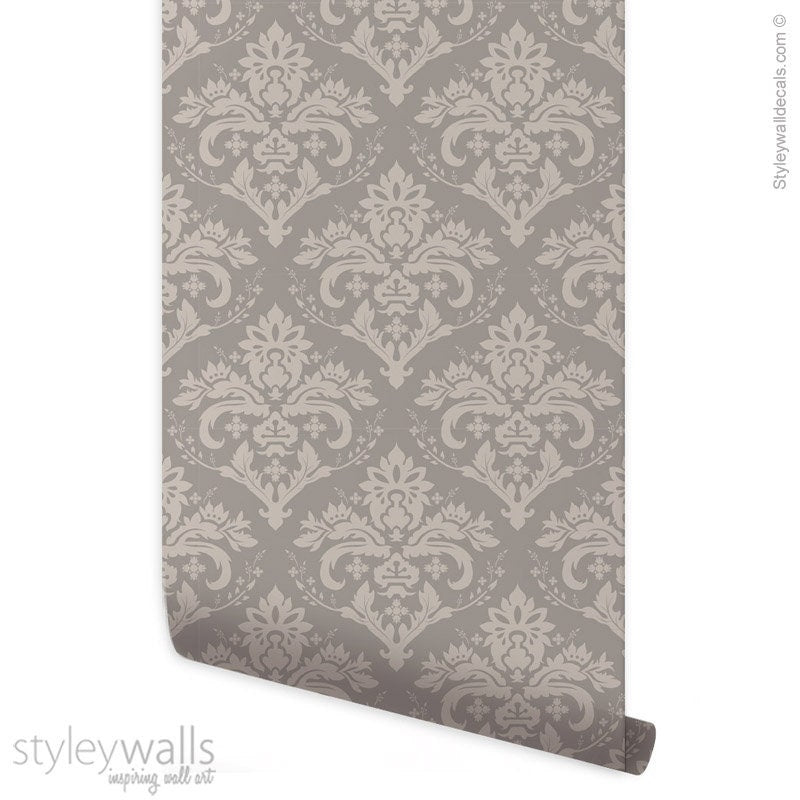 Damask Wallpaper, Gray Beige Classic Pattern Damask Wallpaper, Home Decor, Repositionable Removable Fabric, Peel and Stick, Self Adhesive