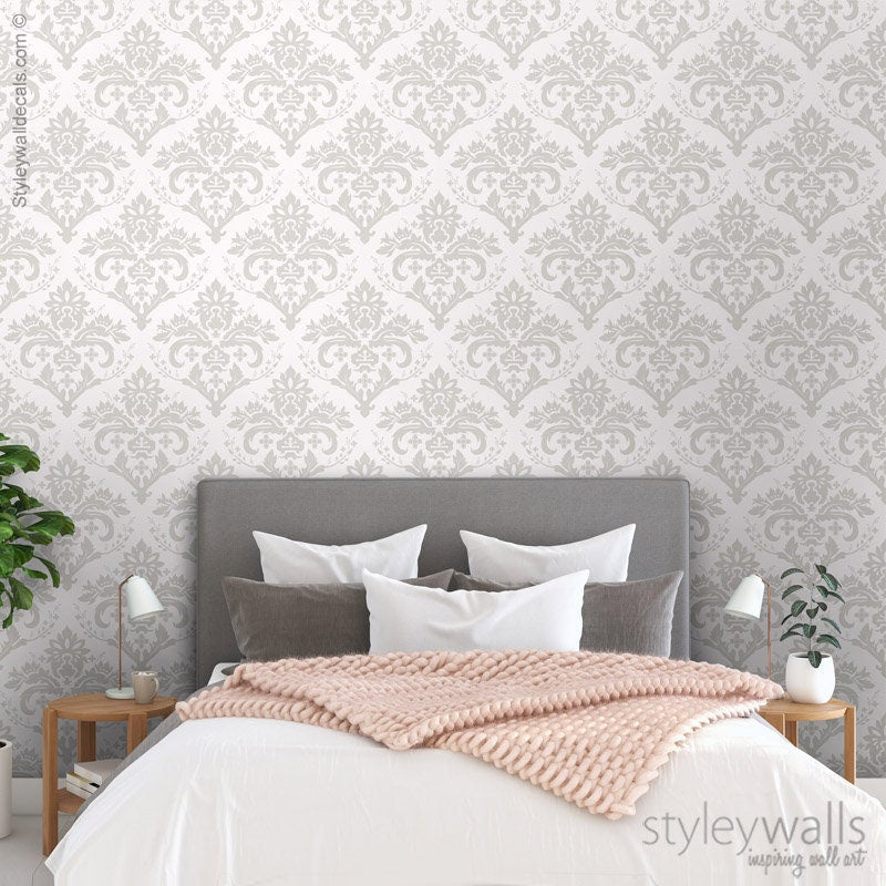 Damask Wallpaper, White Gray Beige Classic Damask Pattern Wallpaper, Self Adhesive and Repositionable Removable Fabric, Peel and Stick