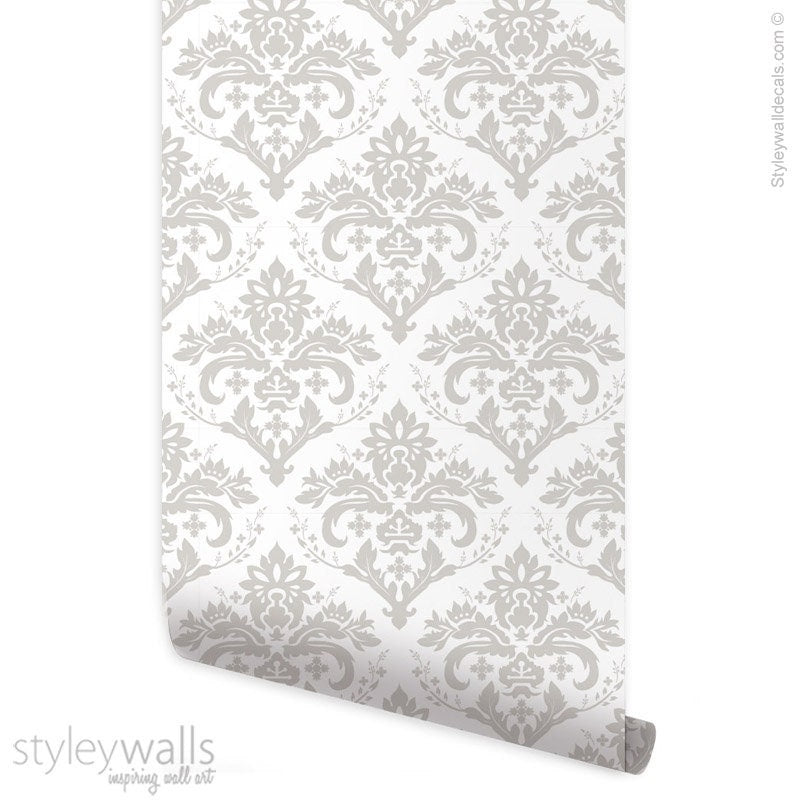 Damask Wallpaper, White Gray Beige Classic Damask Pattern Wallpaper, Self Adhesive and Repositionable Removable Fabric, Peel and Stick