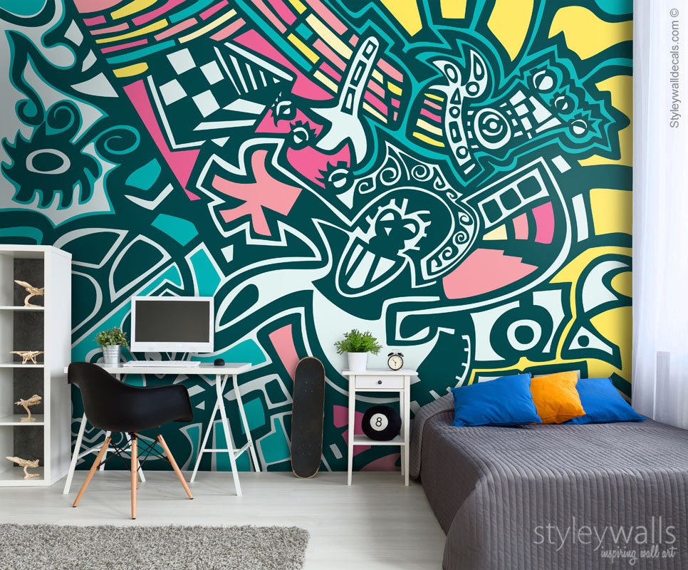 Graffiti Wandbild, Abstraktes Wandbild, Graffiti Tapete Wandbild, Graffiti Wandkunst, neu positionierbarer abnehmbarer Stoff, Raumdekor, Peel and Stick
