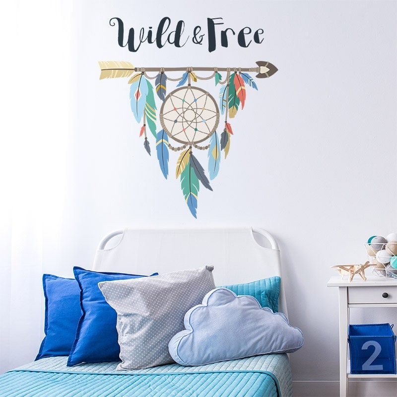 Teenage Bed Room Wall Decal, Dream Catcher Wall Decal, Boho Style Wild and Free Wall Decal, Dream Catcher Wall Decor, Native American Style