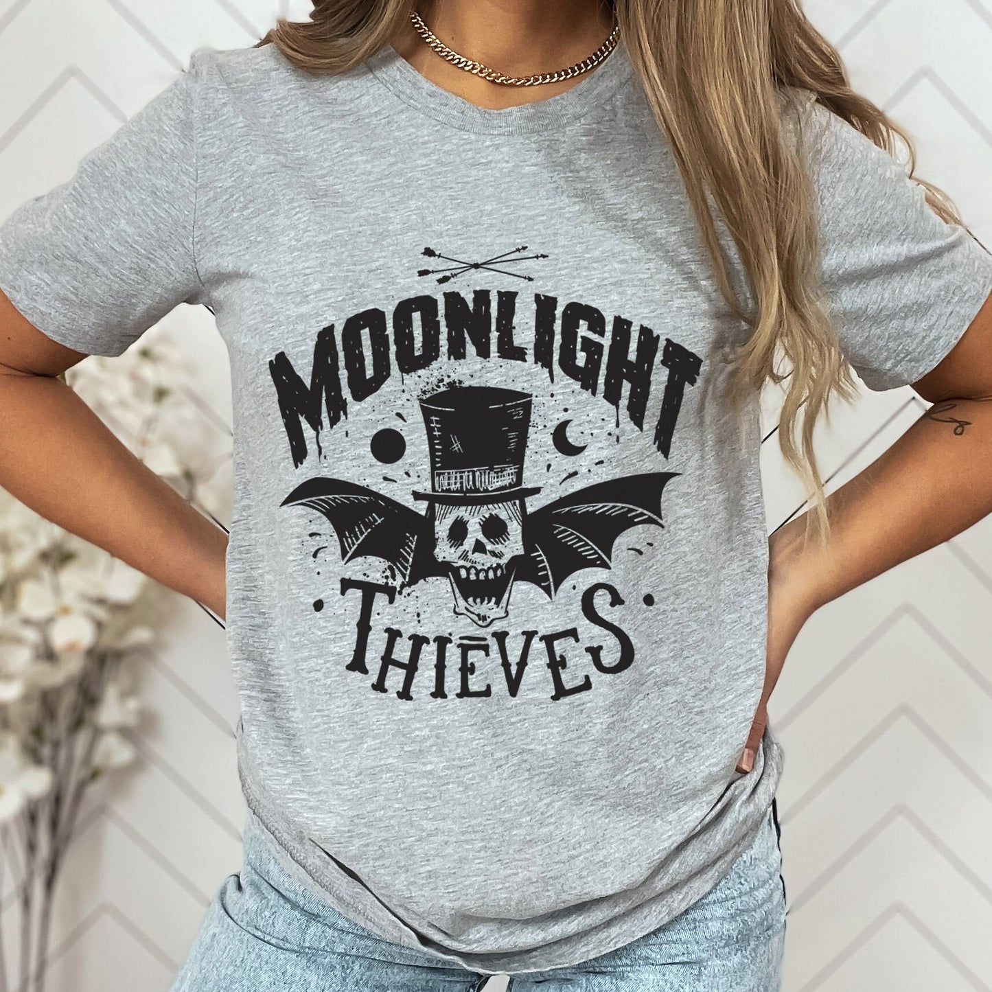 Moonlight Thieves T-shirt, Horror Shirt, Skeleton T-shirt, Bat Shirt, T-shirt, Shirt with Bat and Wings, Celestial Moon Shirt