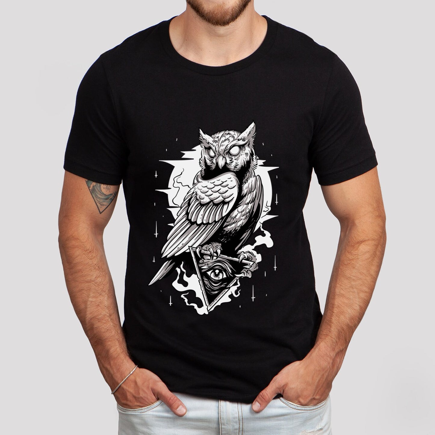 T-shirt hibou, T-shirt nuit, T-shirt cadeau mystique, T-shirt hibou effrayant, T-shirt fantaisie et mythe, hibou et lune, T-shirt animal