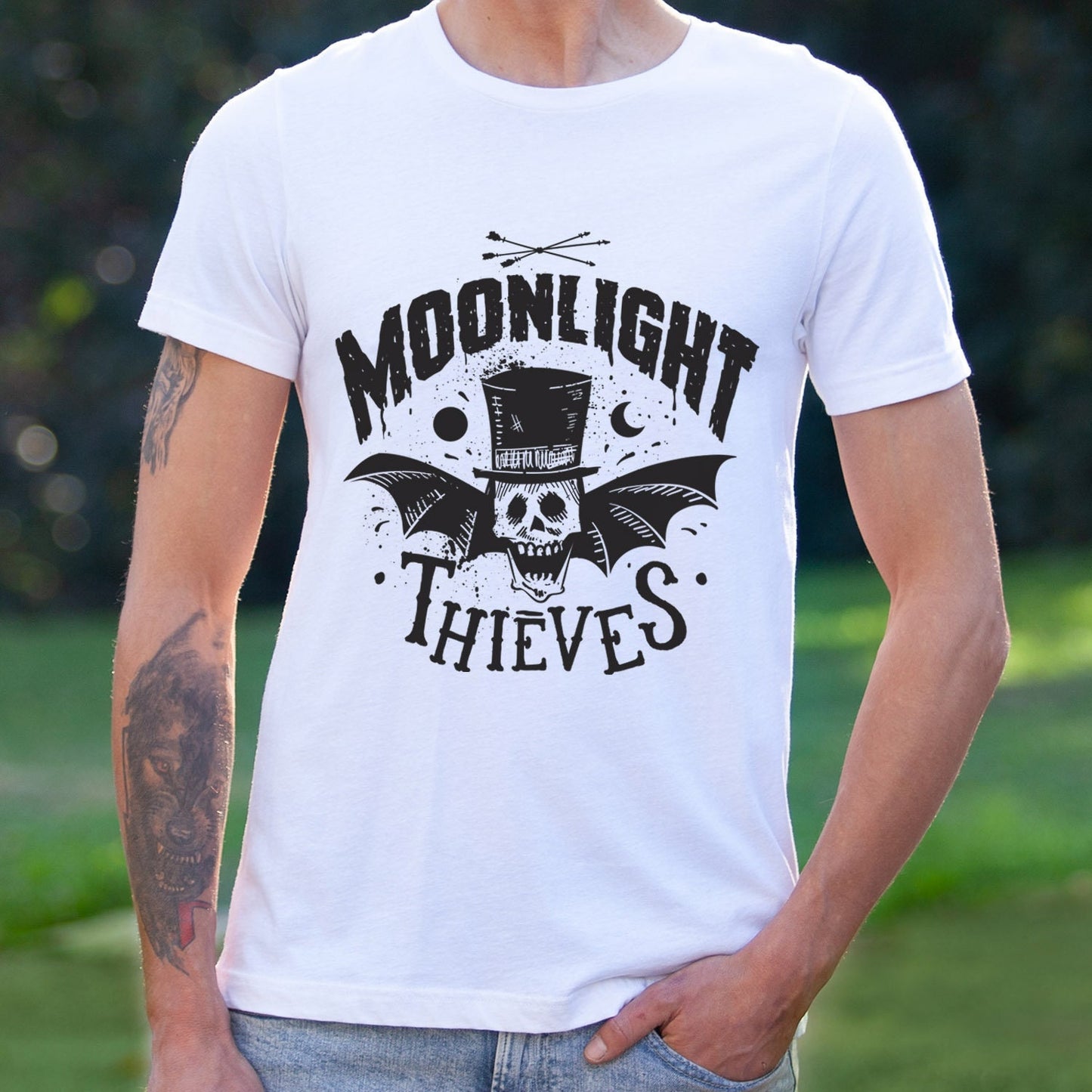 Moonlight Thieves T-shirt, Horror Shirt, Skeleton T-shirt, Bat Shirt, T-shirt, Shirt with Bat and Wings, Celestial Moon Shirt