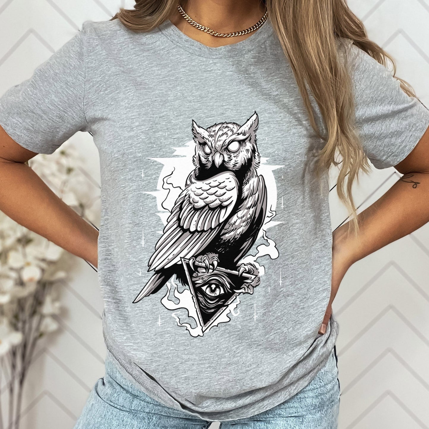 T-shirt hibou, T-shirt nuit, T-shirt cadeau mystique, T-shirt hibou effrayant, T-shirt fantaisie et mythe, hibou et lune, T-shirt animal
