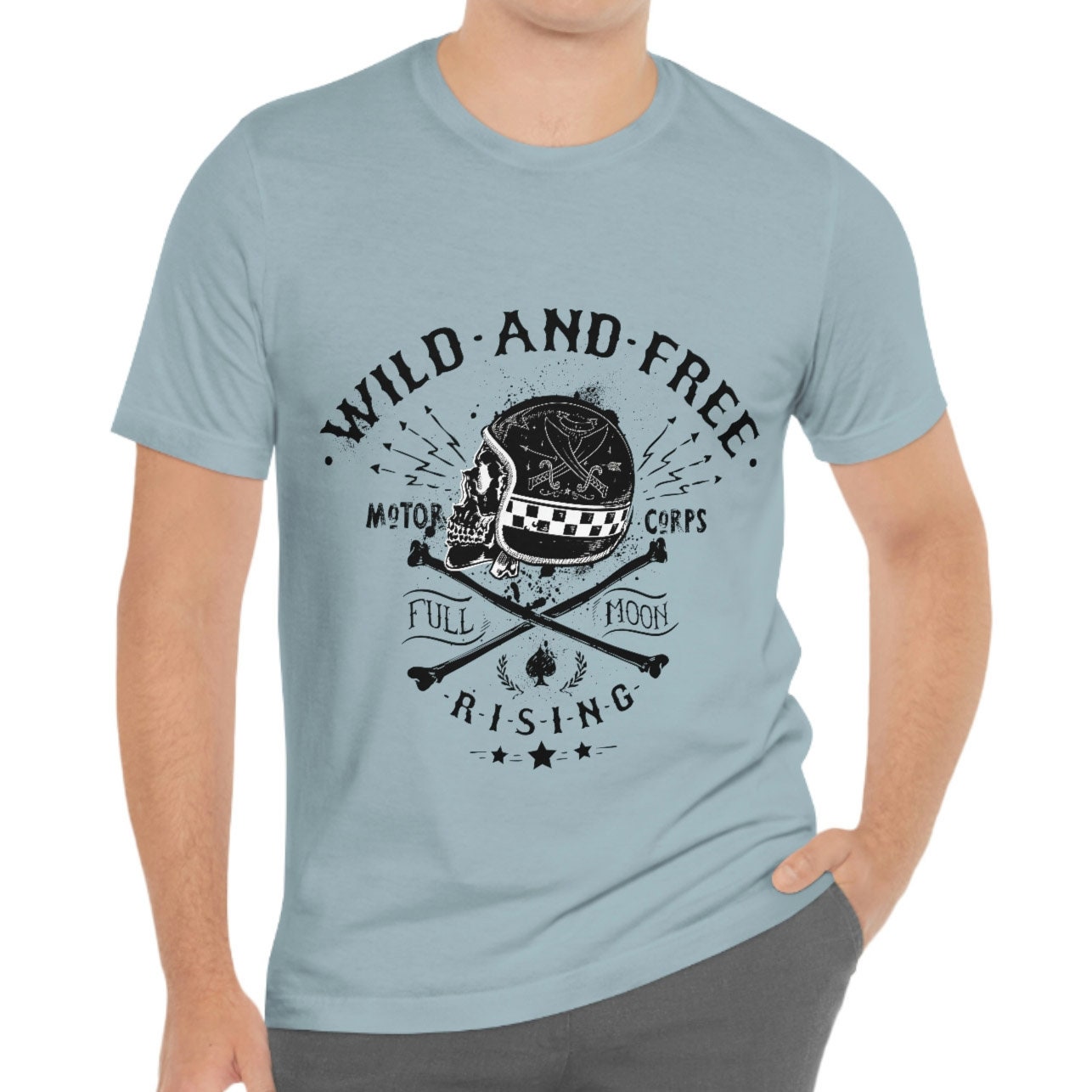 T-shirt Wild and Free, T-shirt avec squelette, T-shirt moto, T-shirt motards, T-shirt motards, crâne et feu, cadeaux moto