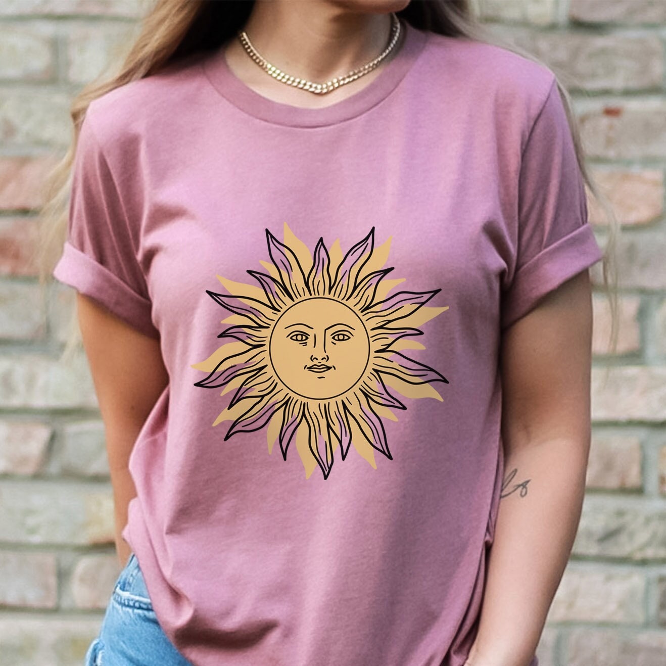 Sonnengesicht T-Shirt, Mystisches Shirt, Boho T-Shirt, Solar T-Shirt, Mond und Sterne T-Shirt, Boho T-Shirt, Astrologisches Shirt, Geschenk für Sie