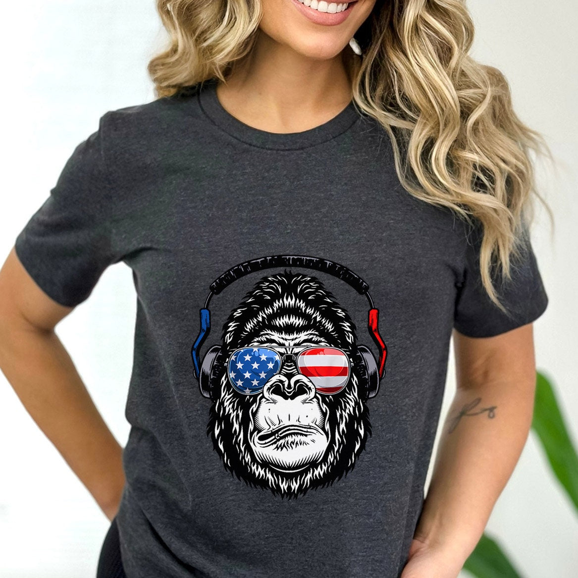 T-shirt tête de singe gorille, T-shirt drôle avec lunettes, T-shirt du jour de l'indépendance, T-shirt du 4 juillet, T-shirt du drapeau américain