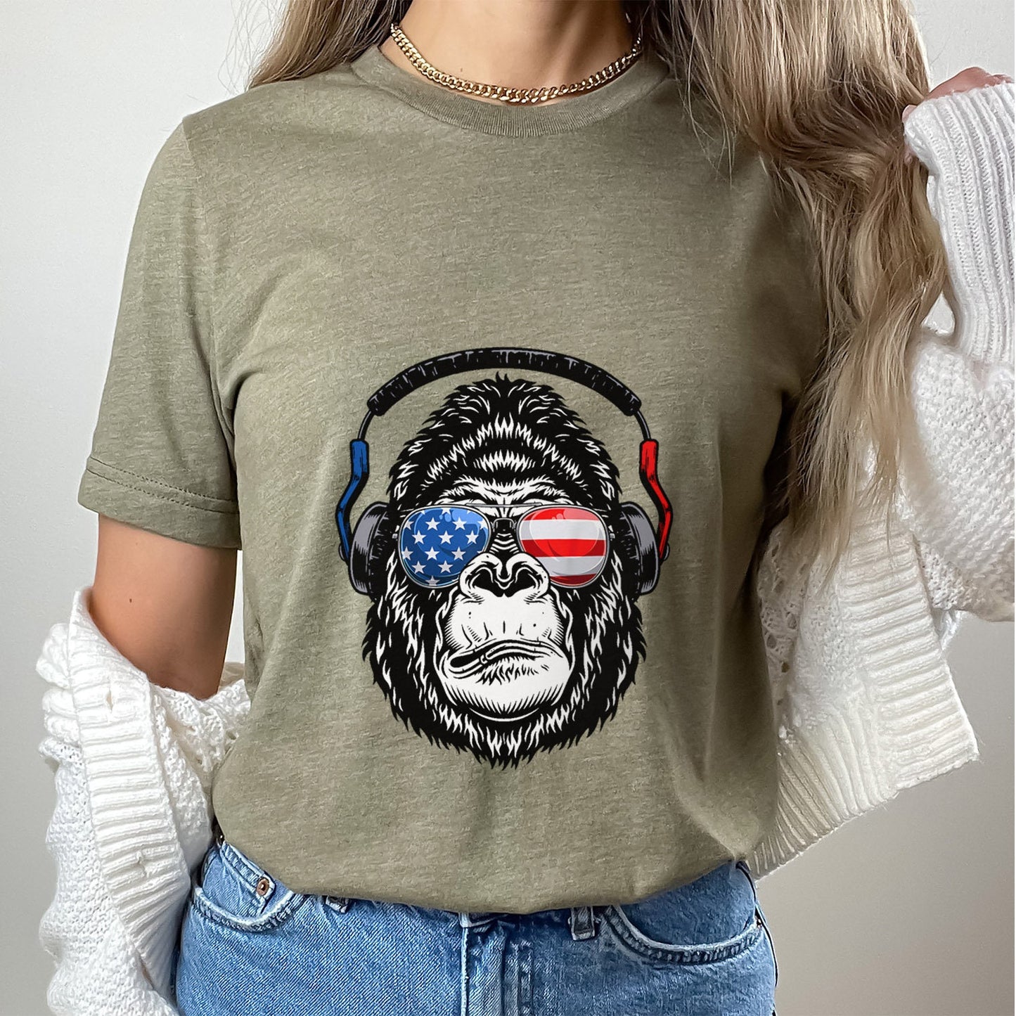 T-shirt tête de singe gorille, T-shirt drôle avec lunettes, T-shirt du jour de l'indépendance, T-shirt du 4 juillet, T-shirt du drapeau américain
