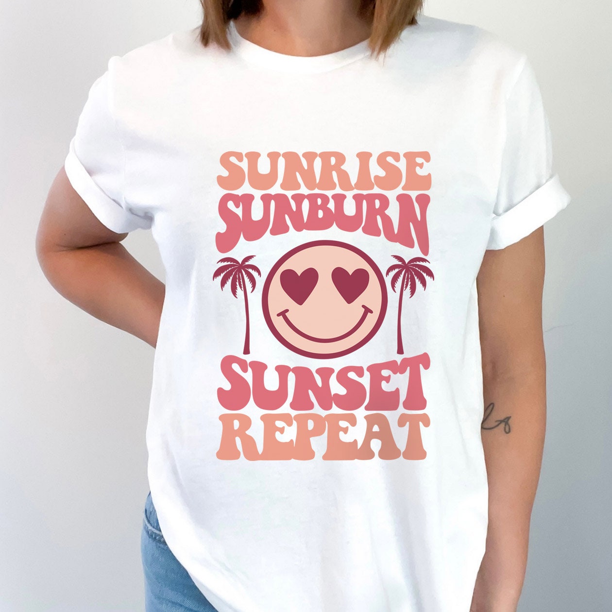 Sommer-Shirt, Strand-Shirt, Retro-Shirt, Sonnenaufgang, Sonnenbrand, Sonnenuntergang, Repeat-T-Shirt, Urlaubs-Shirt, Shirt für Frauen, Smiley-Face-Shirt