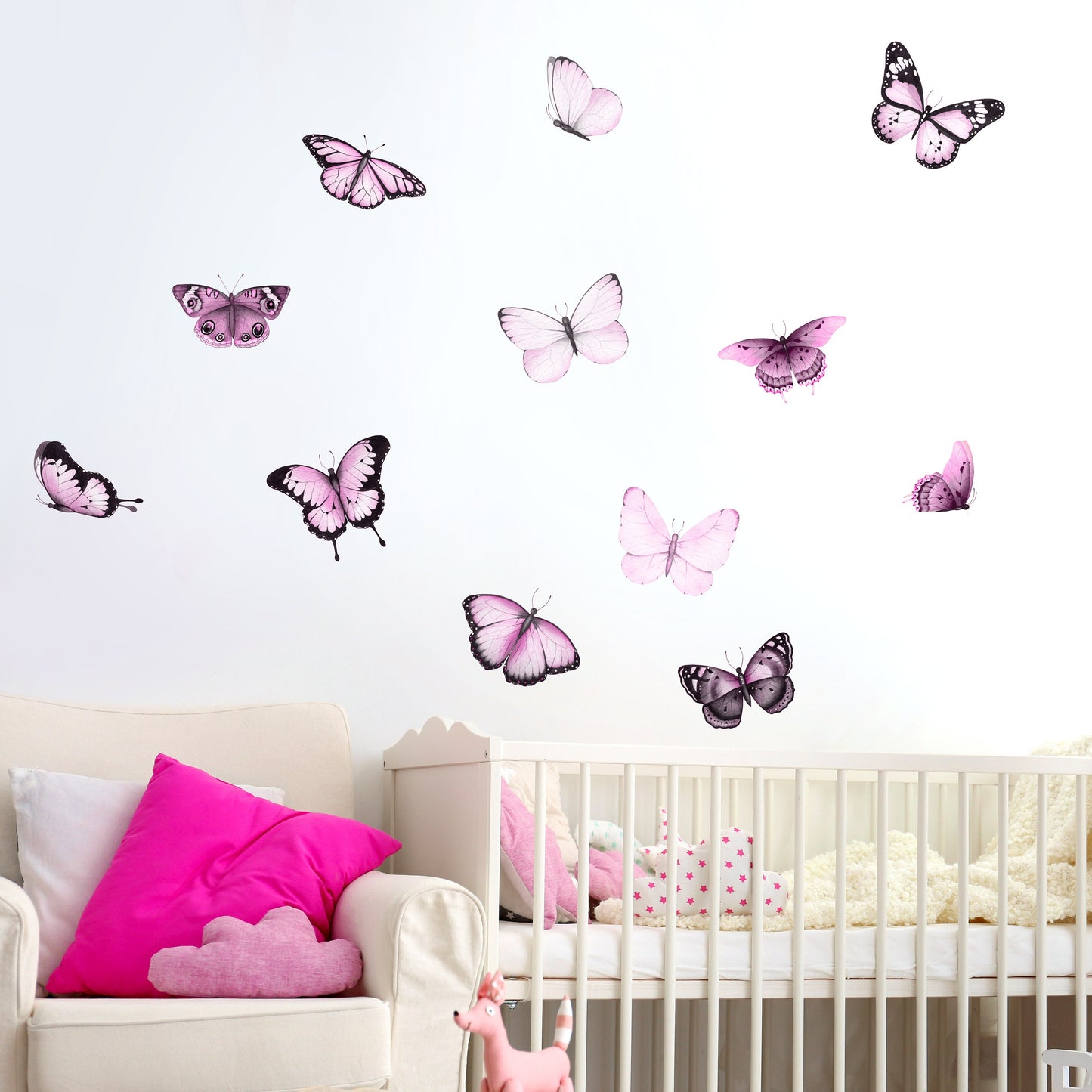 Watercolor Butterflies Wall Decal, Pink and Black Butterflies Wall Sticker, Boho Nursery Butterflies, Butterflies Girls Room Wall Decals