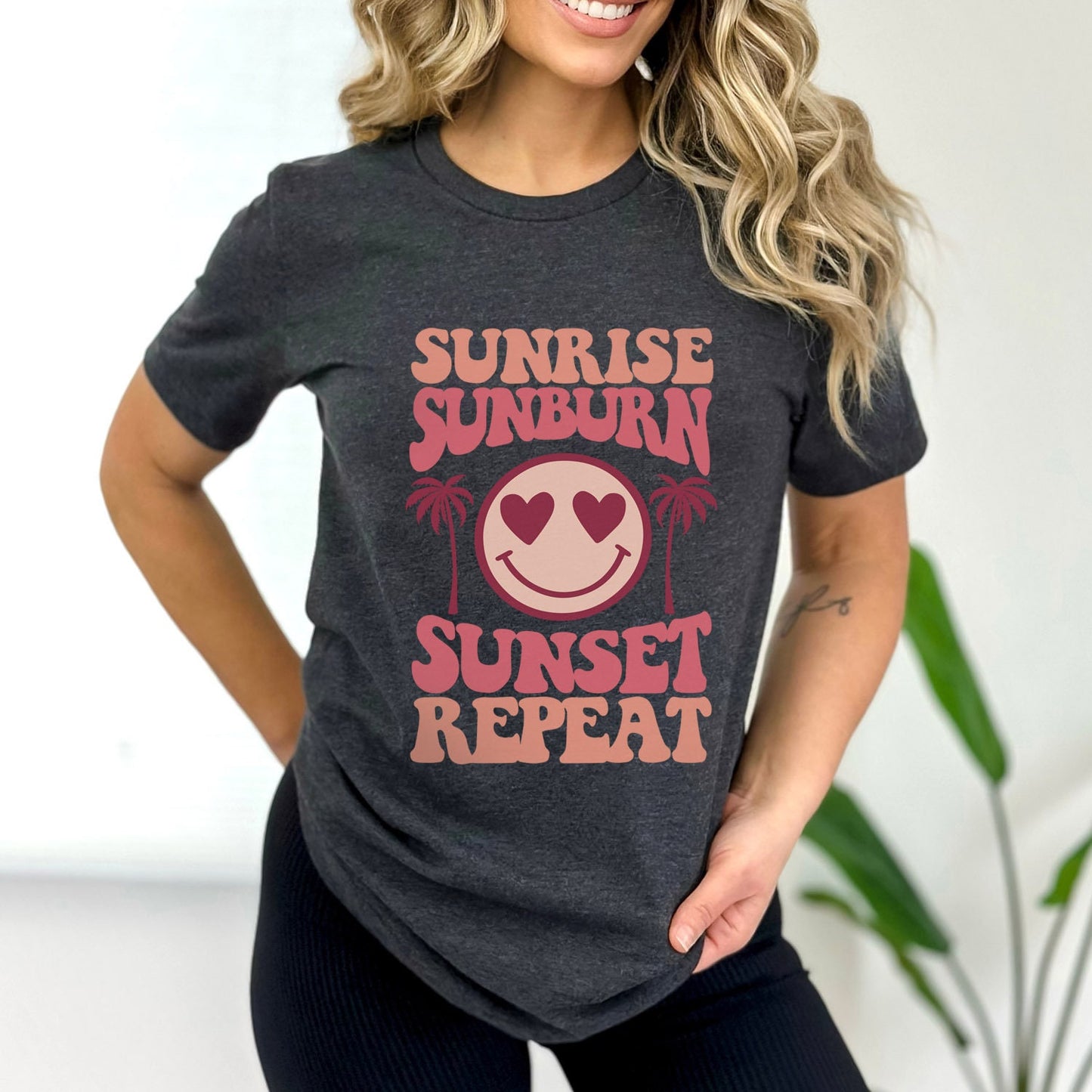 Sommer-Shirt, Strand-Shirt, Retro-Shirt, Sonnenaufgang, Sonnenbrand, Sonnenuntergang, Repeat-T-Shirt, Urlaubs-Shirt, Shirt für Frauen, Smiley-Face-Shirt