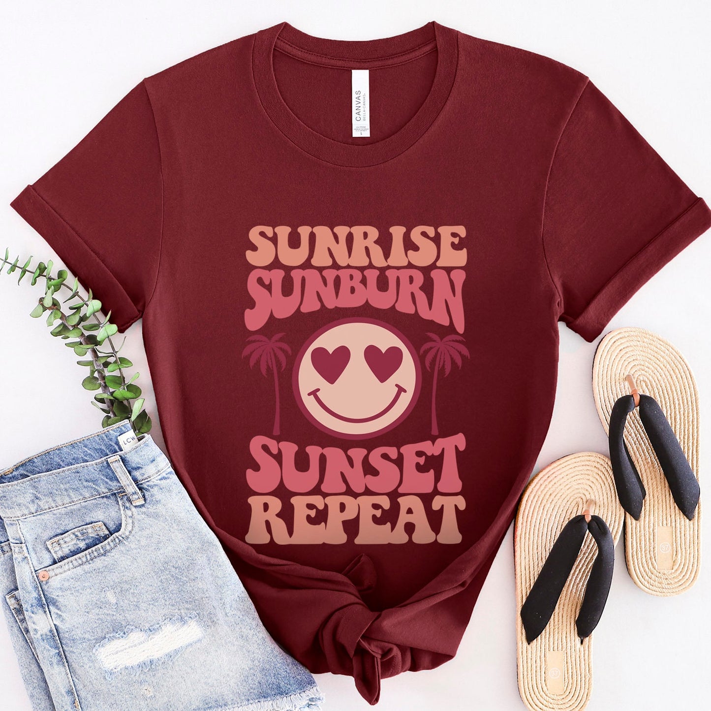 Sommer-Shirt, Strand-Shirt, Retro-Shirt, Sonnenaufgang, Sonnenbrand, Sonnenuntergang, Repeat-T-Shirt, Urlaubs-Shirt, Shirt für Frauen, Smiley-Face-Shirt