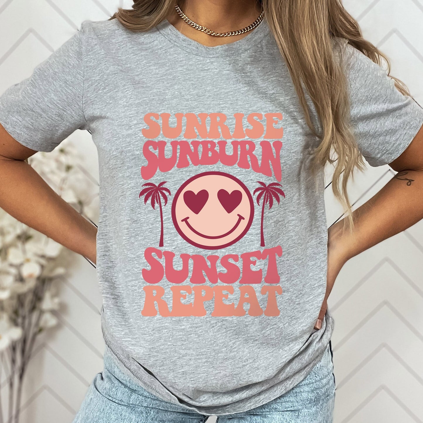 Sommer-Shirt, Strand-Shirt, Retro-Shirt, Sonnenaufgang, Sonnenbrand, Sonnenuntergang, Repeat-T-Shirt, Urlaubs-Shirt, Shirt für Frauen, Smiley-Face-Shirt