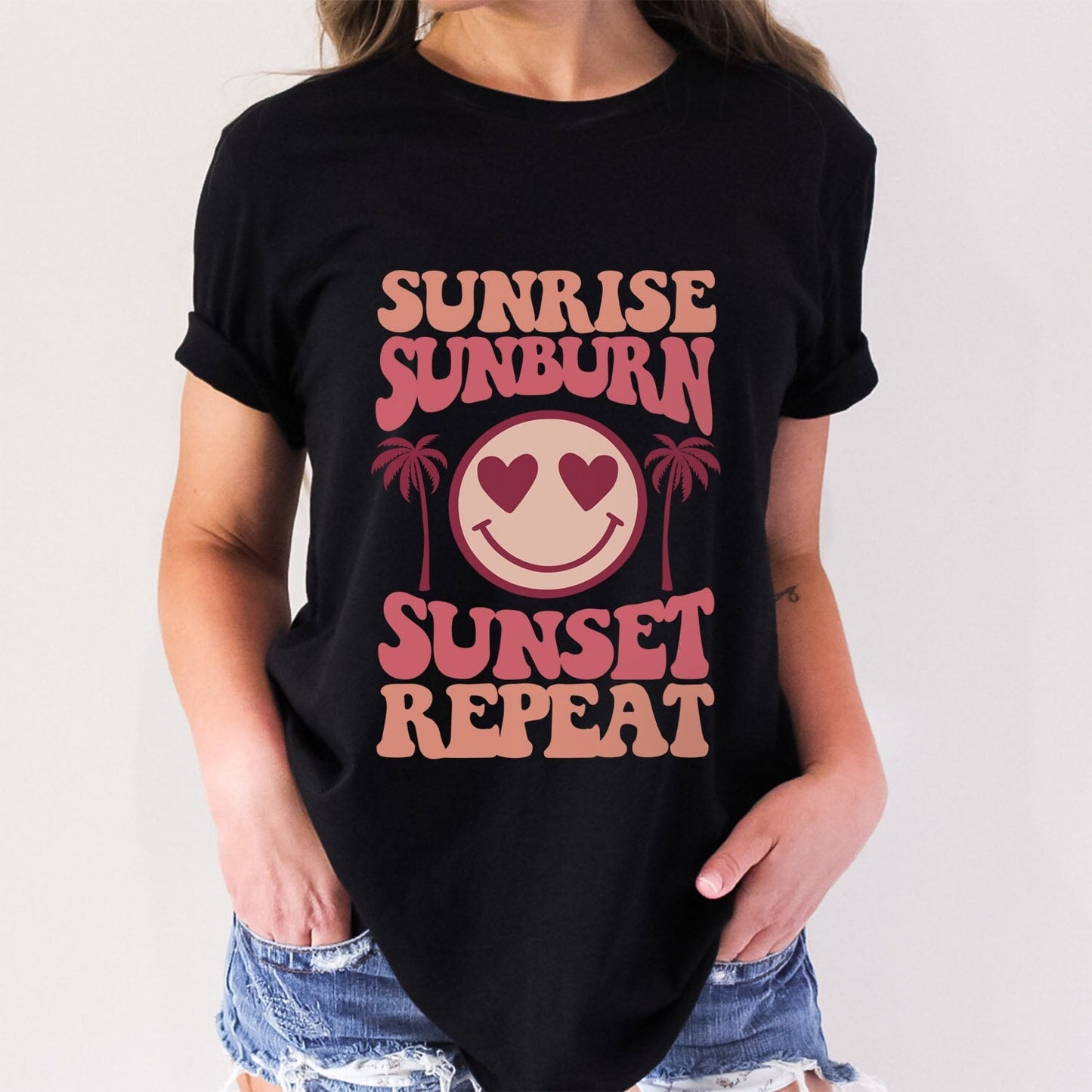 Sommer-Shirt, Strand-Shirt, Retro-Shirt, Sonnenaufgang, Sonnenbrand, Sonnenuntergang, Repeat-T-Shirt, Urlaubs-Shirt, Shirt für Frauen, Smiley-Face-Shirt