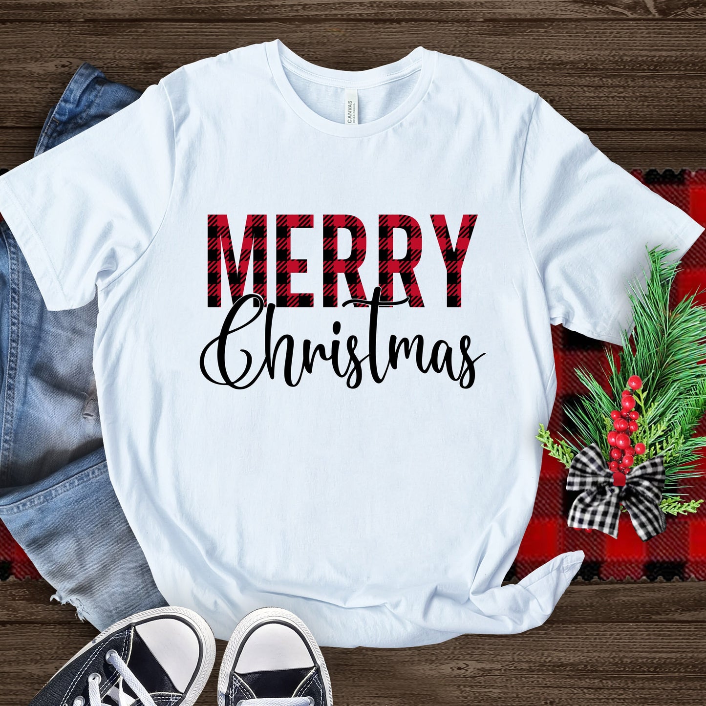 Weihnachts-T-Shirt mit kariertem Muster, Frohe Weihnachten, Weihnachts-T-Shirt, Weihnachts-T-Shirt, Weihnachts-Weihnachtsmann-Geschenk-Shirt