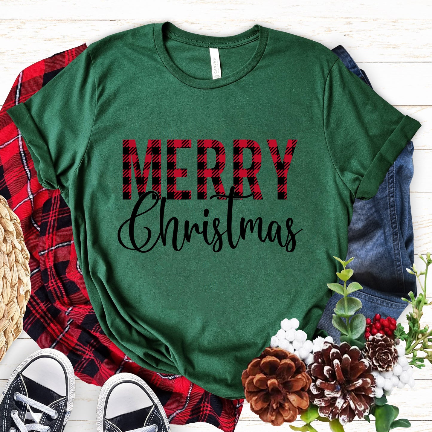 Weihnachts-T-Shirt mit kariertem Muster, Frohe Weihnachten, Weihnachts-T-Shirt, Weihnachts-T-Shirt, Weihnachts-Weihnachtsmann-Geschenk-Shirt