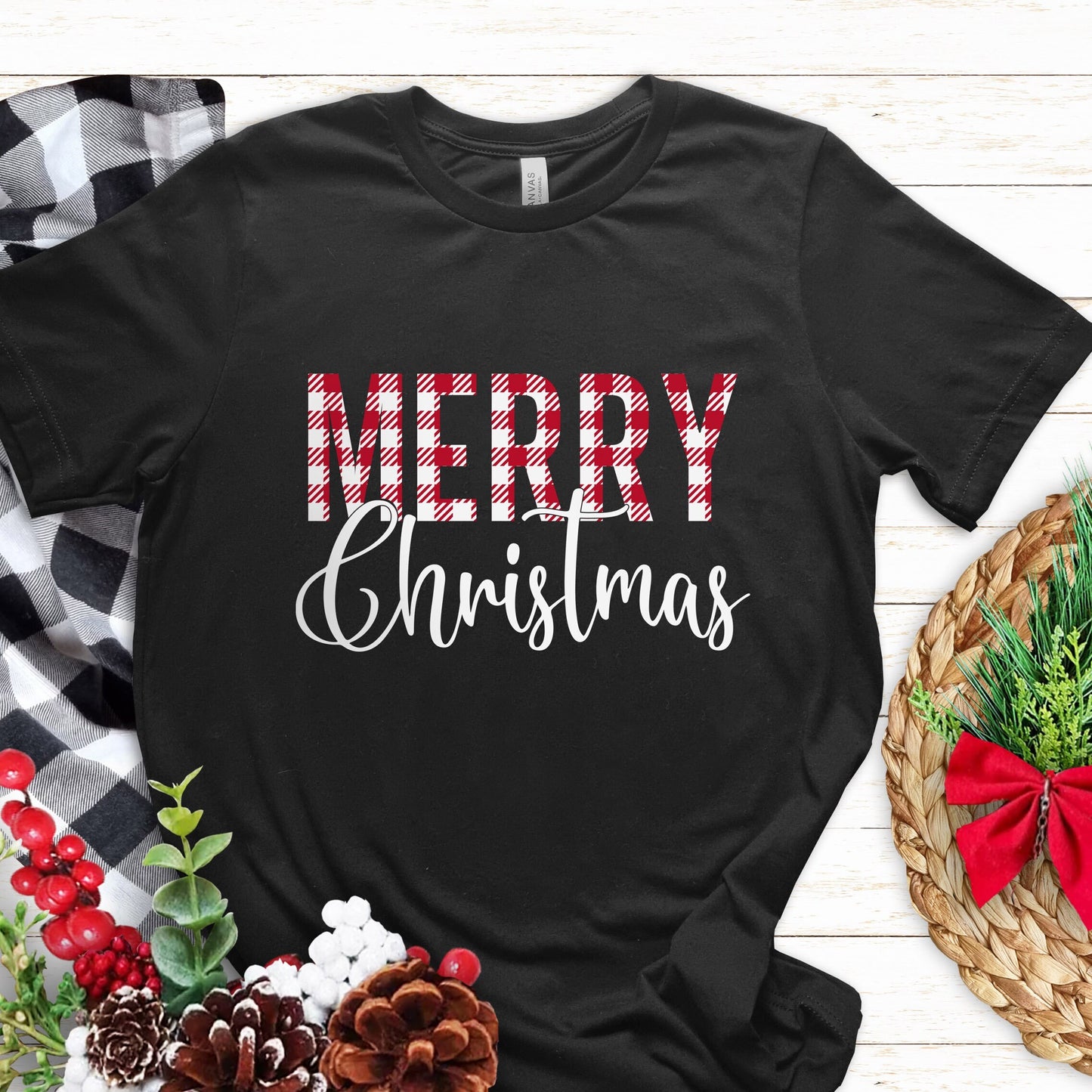 Weihnachts-T-Shirt mit kariertem Muster, Frohe Weihnachten, Weihnachts-T-Shirt, Weihnachts-T-Shirt, Weihnachts-Weihnachtsmann-Geschenk-Shirt