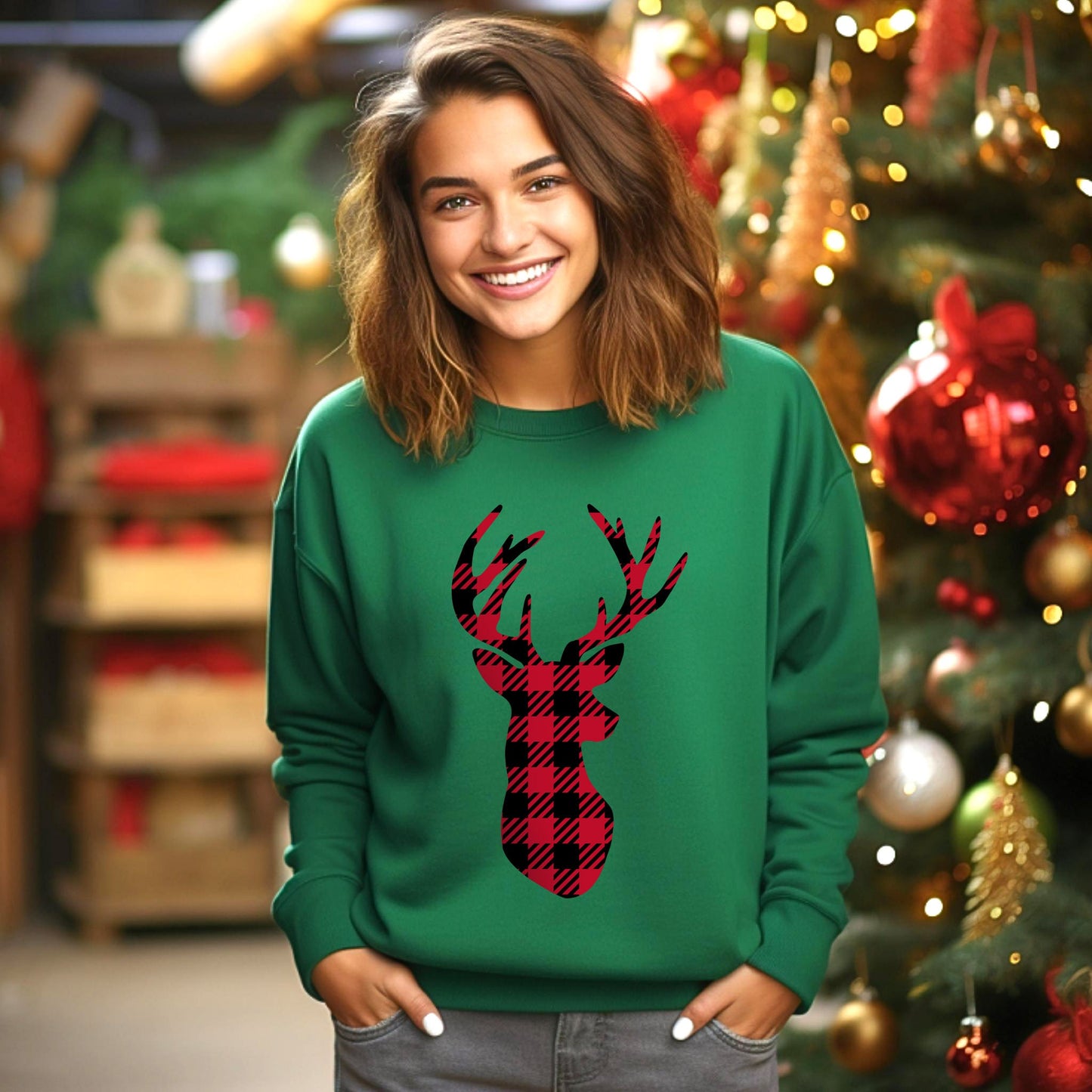 Christmas Plaid Pattern Reindeer Sweatshirt, Holidays Gift Sweatshirt, Buffalo Plaid Pattern Sweatshirt, Reindeer Sweatshirt, Gift for Her