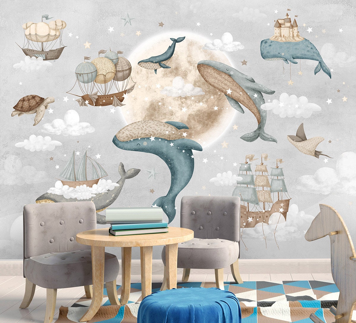 Whales Wallpaper for Kids Room, Sailing Ships with Whales Wallpaper, Moon Stars Night Peel and Stick Wallpaper, Nautical Fabric Mural