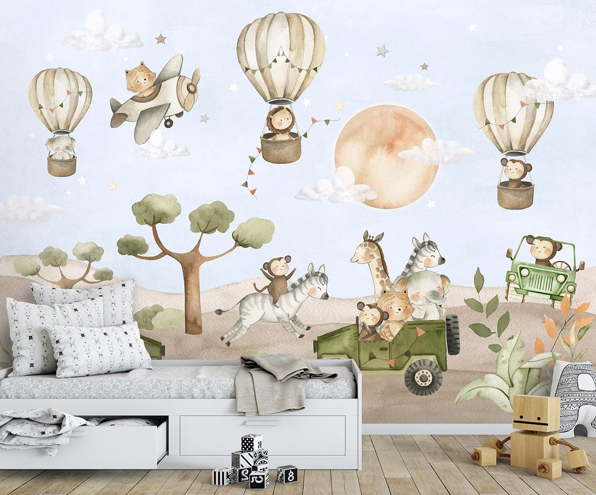 Watercolor Safari Wallpaper for Children, Safari Animals Mural for Kids Room, Jungle Animals Mural, Peel and Stick Wallpaper, Fabric Mural