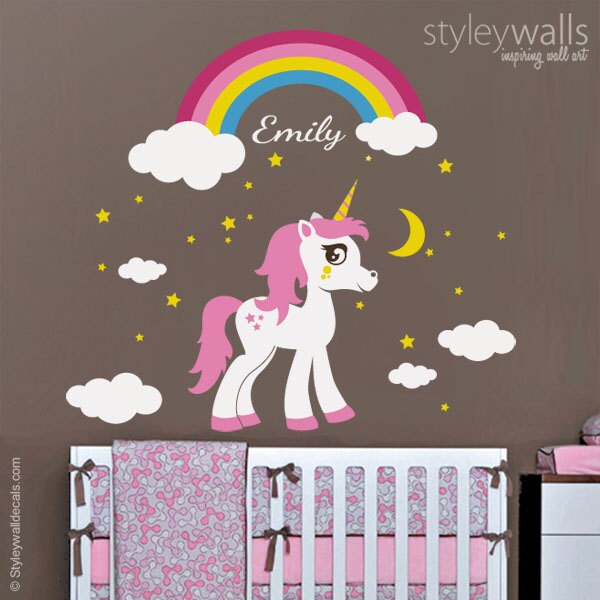 Unicorn Wall Decal, Rainbow Wall Decal, Personalized Wall Decal, Horse Pony Stars Wall Decal Sticker, Girls Room Nursery Decor