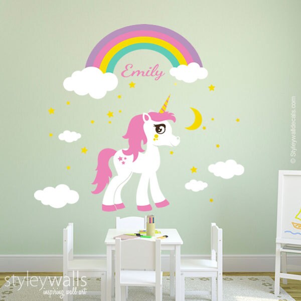 Unicorn Wall Decal, Rainbow Wall Decal, Personalized Wall Decal, Horse Pony Stars Wall Decal Sticker, Girls Room Nursery Decor