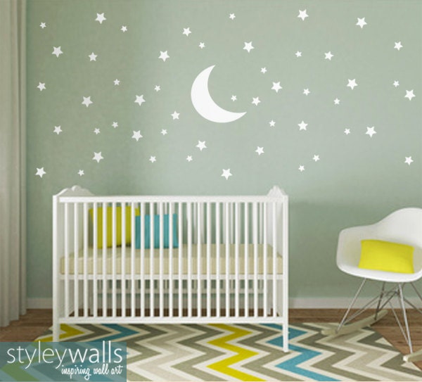 Stars and Moon Wall Decal, Stars Wall Decal, Moon Wall Decal, 70 Stars and Moon Wall Sticker for Nursery Baby Room, Kids Night Wall Decal