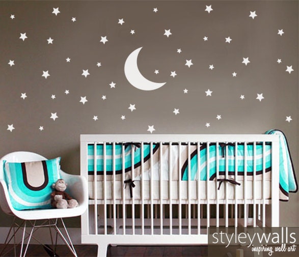 Stars and Moon Wall Decal, Stars Wall Decal, Moon Wall Decal, 70 Stars and Moon Wall Sticker for Nursery Baby Room, Kids Night Wall Decal