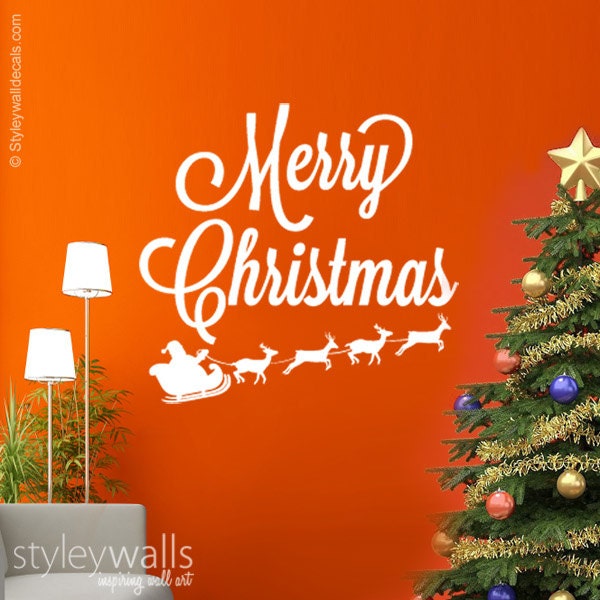 Merry Christmas Wall Decal, Santa and Rain Deer Wall Decal, Reindeer and Santa on Sleigh Wall Decal, Christmas Decorations Wall Sticker