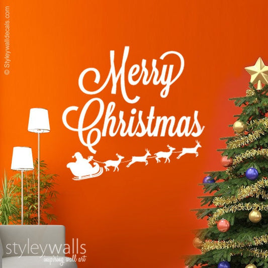 Merry Christmas Wall Decal, Santa and Rain Deer Wall Decal, Reindeer and Santa on Sleigh Wall Decal, Christmas Decorations Wall Sticker