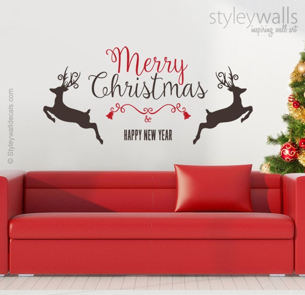 Merry Christmas Wall Decal, Rain Deer Wall Decal, Christmas Decorations Wall Sticker, Happy New Year Wall Decals, Christmas Decoration