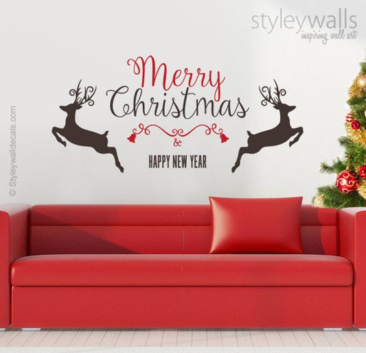 Merry Christmas Wall Decal, Rain Deer Wall Decal, Christmas Decorations Wall Sticker, Happy New Year Wall Decals, Christmas Decoration