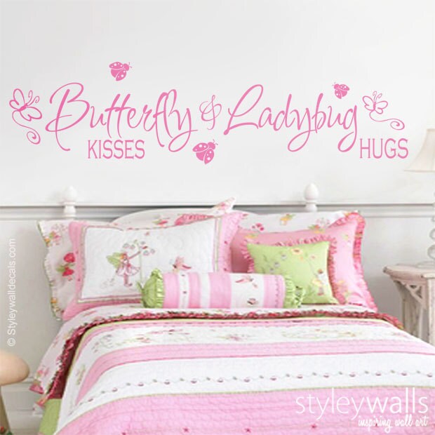 Butterfly Kisses and Lady Bug Hugs Wall Decal, Butterfly Wall Decal, Lady Bug Wall Decal, Girls Bedroom Wall Decal, Butterfly Wall Decor